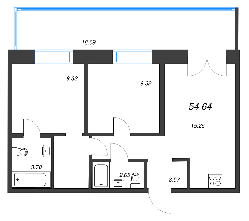 3-комнатная (Евро) квартира, 54.64 м² в ЖК "Alpen" - планировка, фото №1