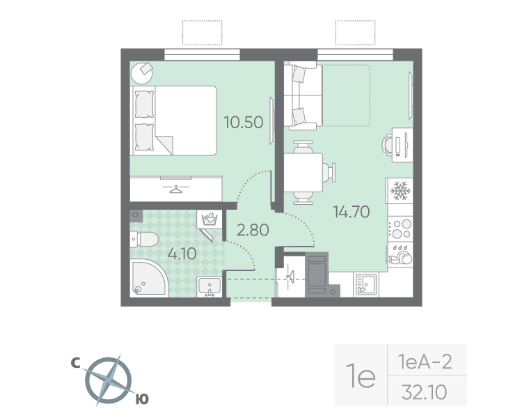 1-комнатная квартира, 32.1 м² в ЖК "Ручьи" - планировка, фото №1
