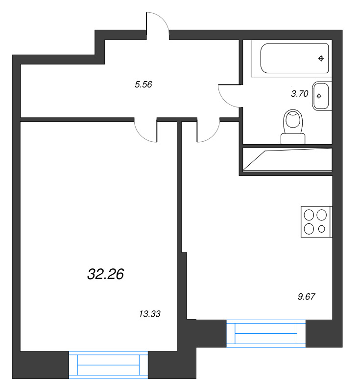 1-комнатная квартира, 32.26 м² - планировка, фото №1
