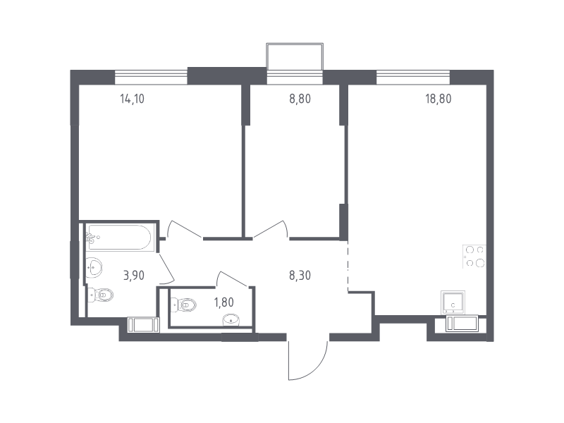 3-комнатная (Евро) квартира, 54.8 м² - планировка, фото №1