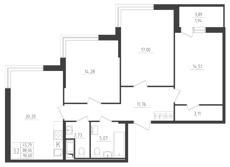 4-комнатная (Евро) квартира, 90.6 м² - планировка, фото №1
