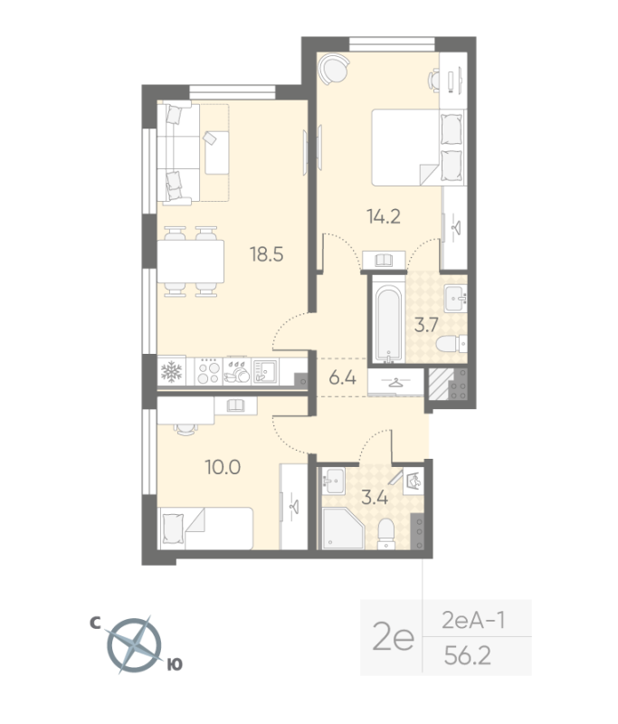 3-комнатная (Евро) квартира, 56.2 м² в ЖК "Пулково Lake" - планировка, фото №1