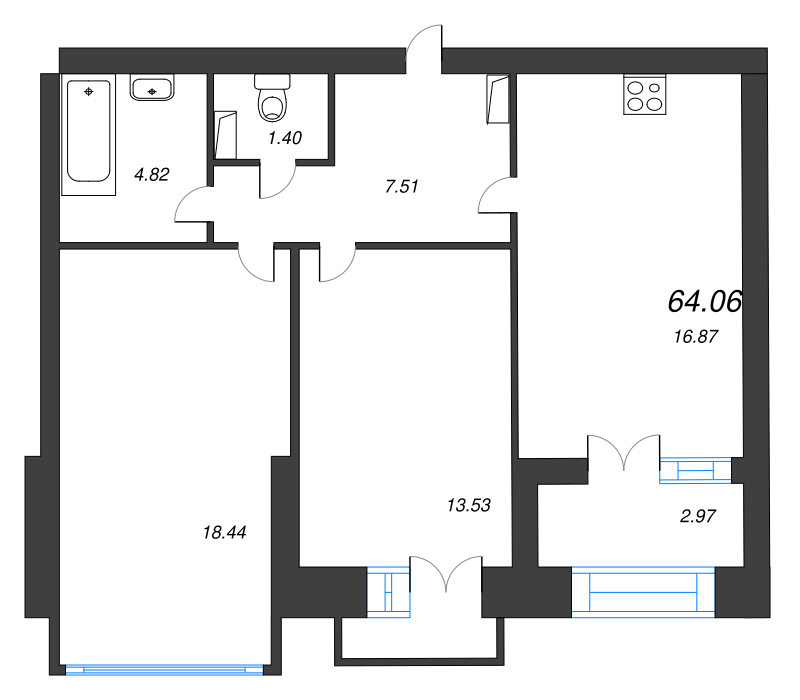 3-комнатная (Евро) квартира, 67.4 м² в ЖК "Наука" - планировка, фото №1