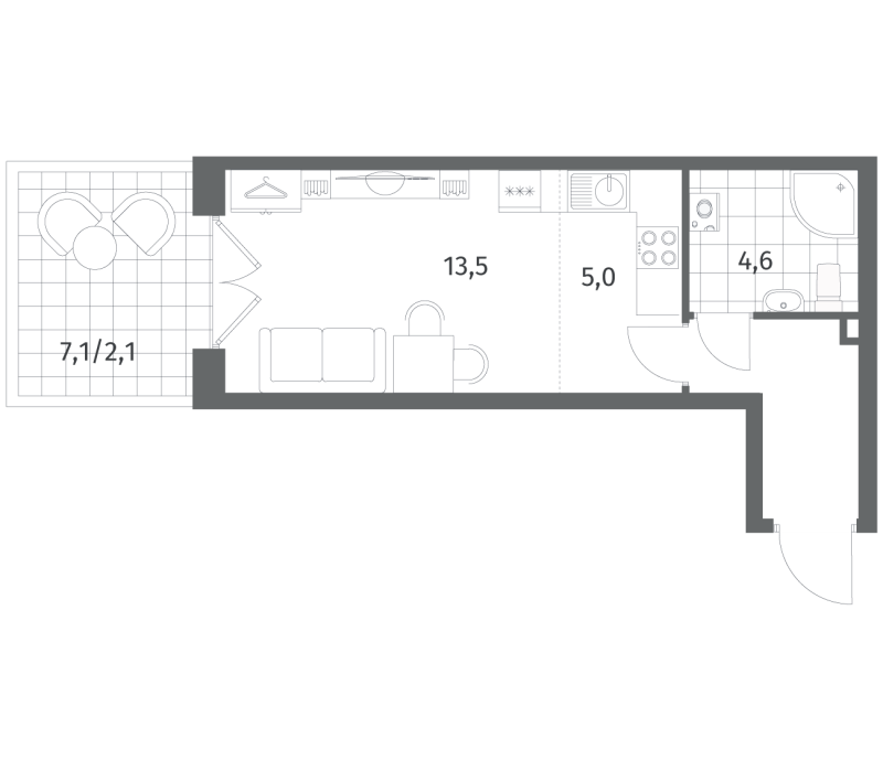 Квартира-студия, 30 м² в ЖК "Парусная 1" - планировка, фото №1