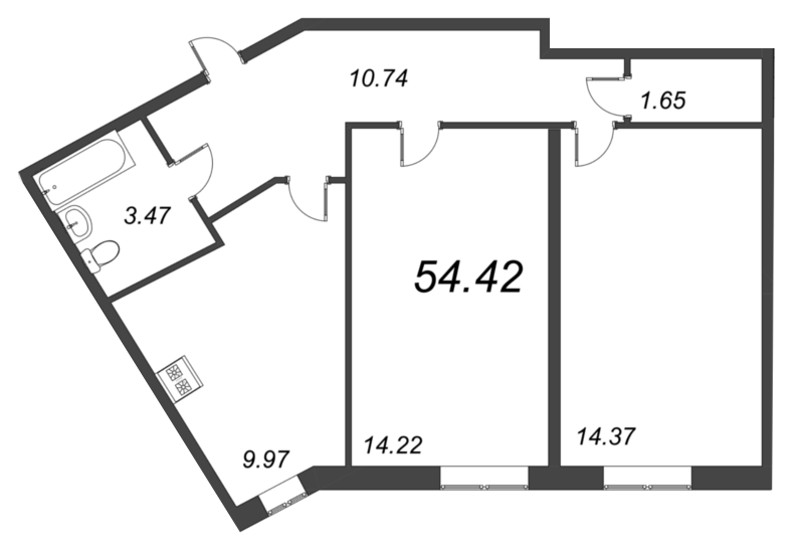 2-комнатная квартира, 54.42 м² - планировка, фото №1