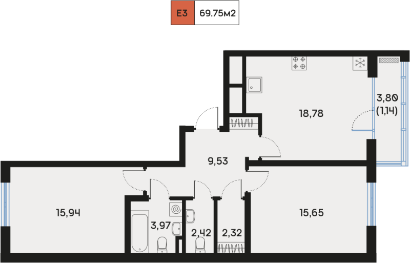 3-комнатная (Евро) квартира, 69.75 м² - планировка, фото №1
