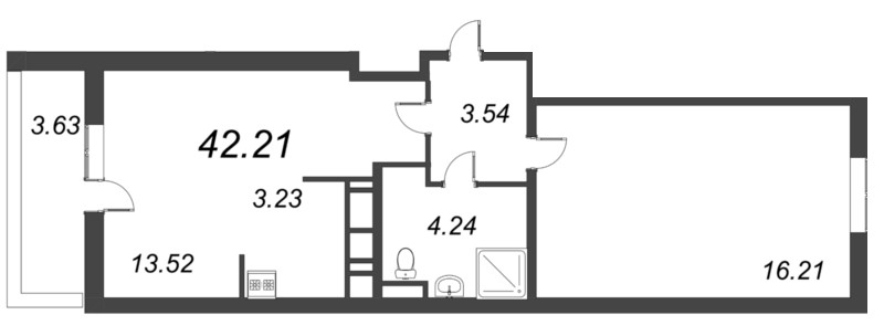 2-комнатная (Евро) квартира, 42.23 м² в ЖК "Курортный Квартал" - планировка, фото №1
