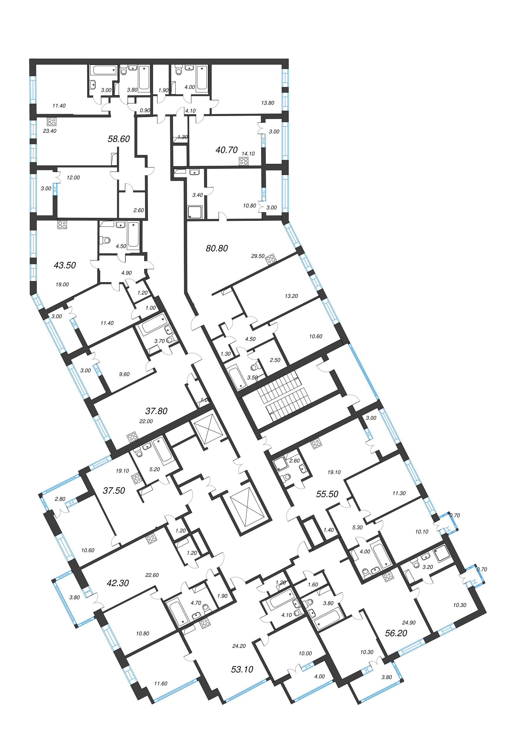 3-комнатная квартира, 80.8 м² в ЖК "NewПитер 2.0" - планировка этажа