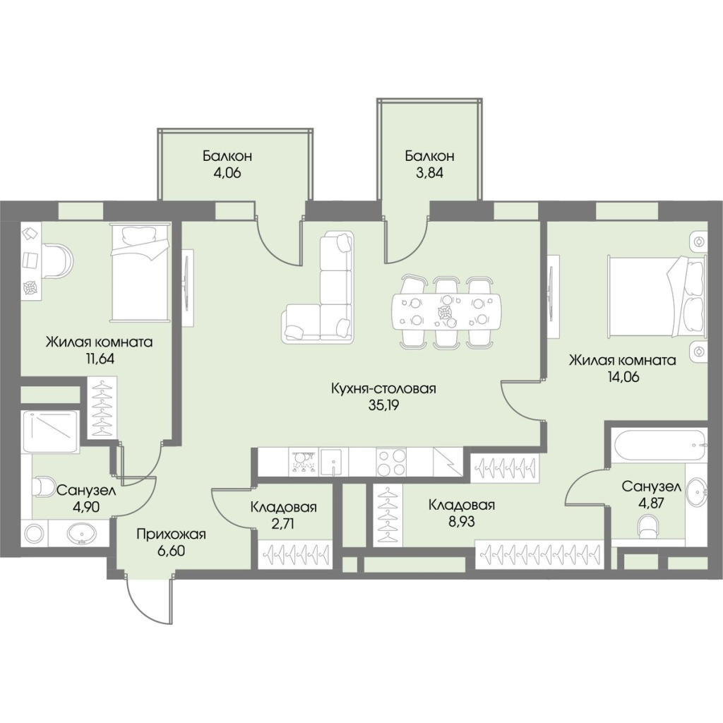 3-комнатная (Евро) квартира, 91.27 м² в ЖК "Рощино Residence" - планировка, фото №1