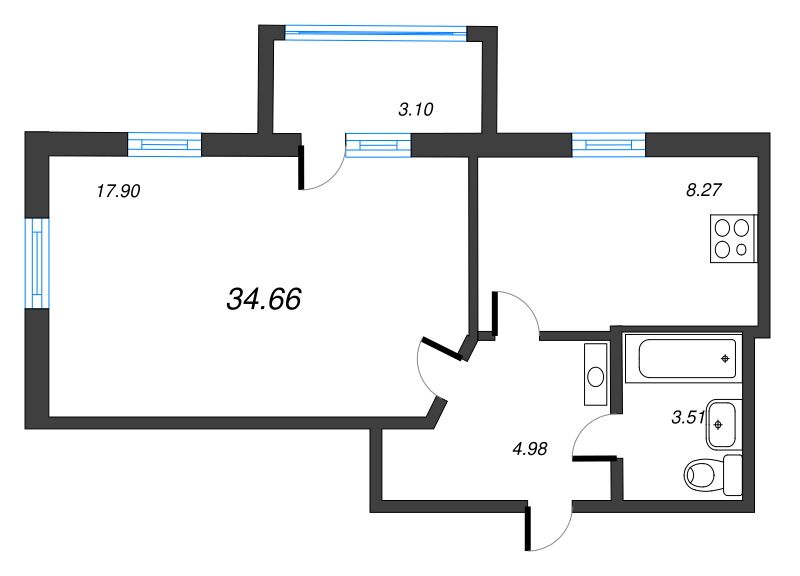 1-комнатная квартира, 34.66 м² в ЖК "Belevsky Club" - планировка, фото №1