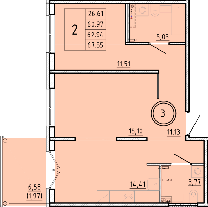 2-комнатная квартира, 60.97 м² - планировка, фото №1