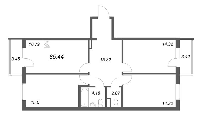 4-комнатная (Евро) квартира, 85.44 м² в ЖК "Новая история" - планировка, фото №1