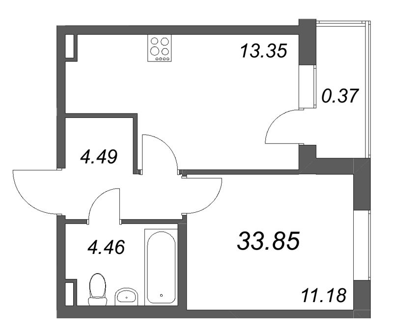 1-комнатная квартира, 33.85 м² в ЖК "Новая история" - планировка, фото №1