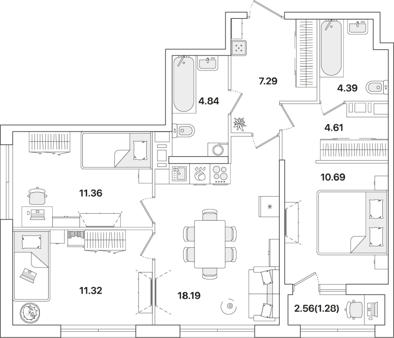 3-комнатная квартира, 73.97 м² - планировка, фото №1