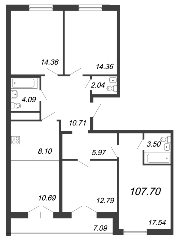 5-комнатная (Евро) квартира, 107.7 м² - планировка, фото №1