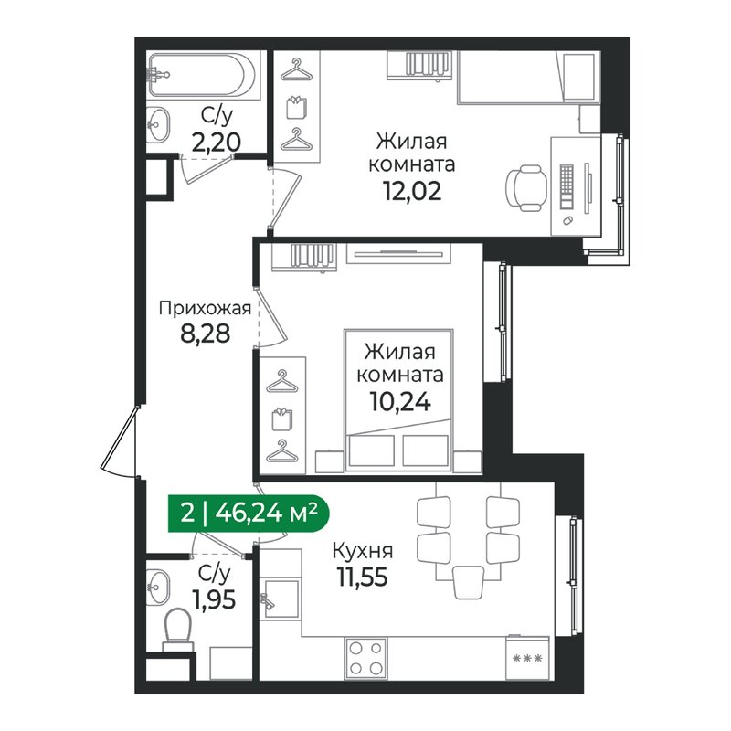 2-комнатная квартира, 46.24 м² в ЖК "Сертолово Парк" - планировка, фото №1