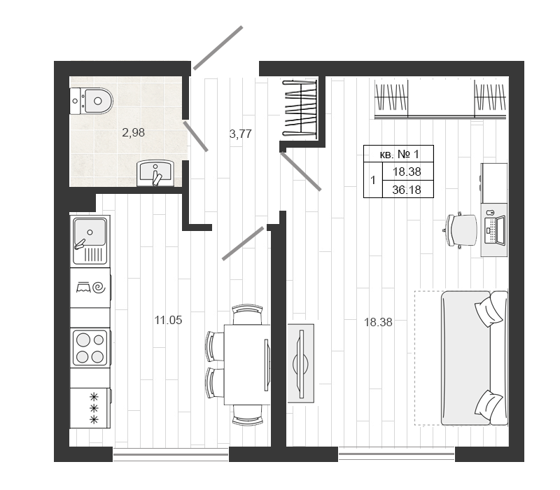 1-комнатная квартира, 36.6 м² - планировка, фото №1