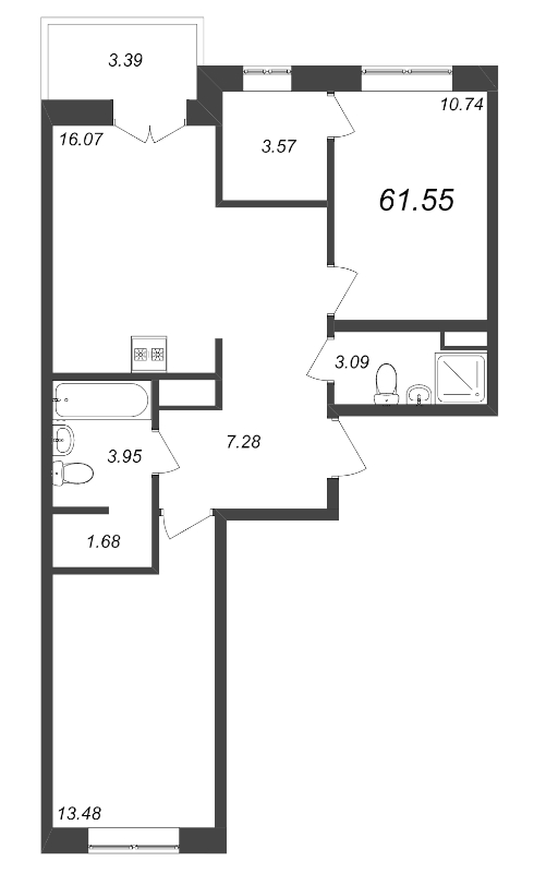 3-комнатная (Евро) квартира, 61.55 м² - планировка, фото №1