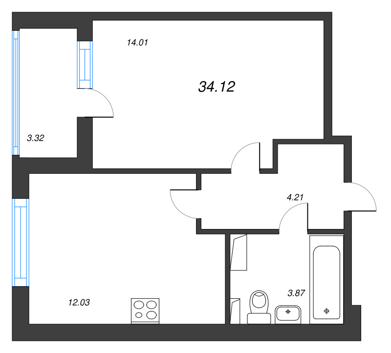 1-комнатная квартира, 34.12 м² в ЖК "Любоград" - планировка, фото №1