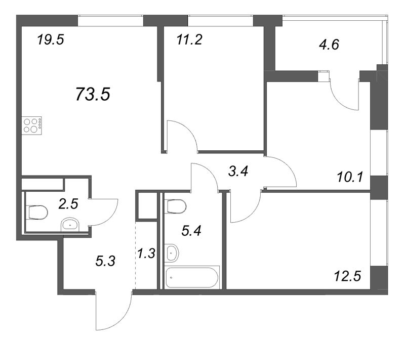 4-комнатная (Евро) квартира, 73.5 м² в ЖК "Янила Форест" - планировка, фото №1