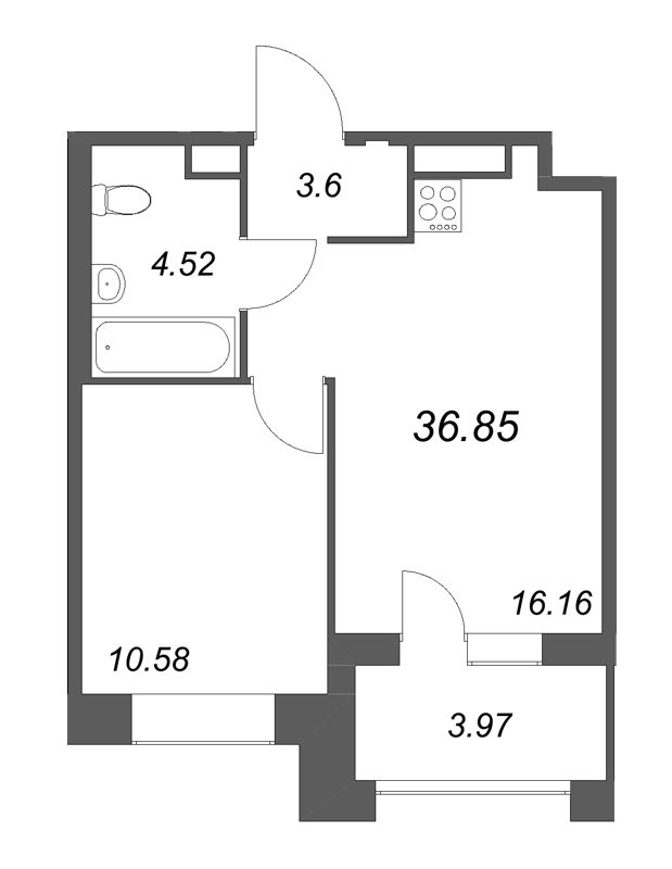 2-комнатная (Евро) квартира, 36.85 м² - планировка, фото №1