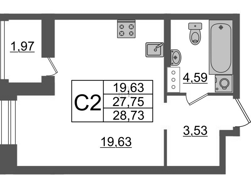 Квартира-студия, 28.73 м² - планировка, фото №1 Квартира-студия, 28.73 м² - планировка, фото №1