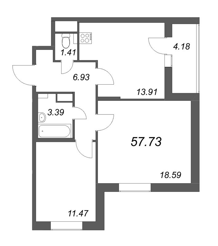 2-комнатная квартира, 57.73 м² - планировка, фото №1
