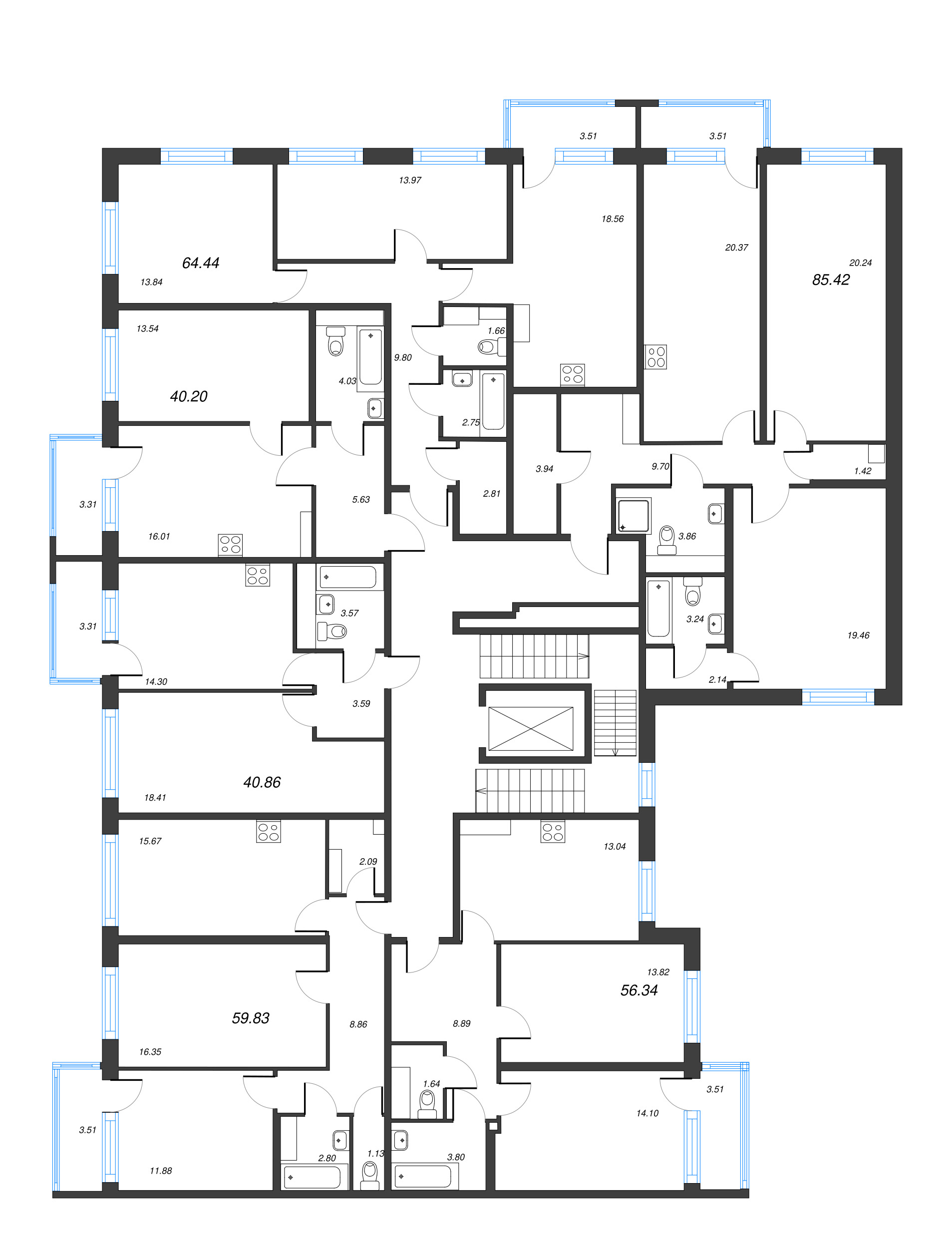 3-комнатная (Евро) квартира, 84.37 м² - планировка этажа