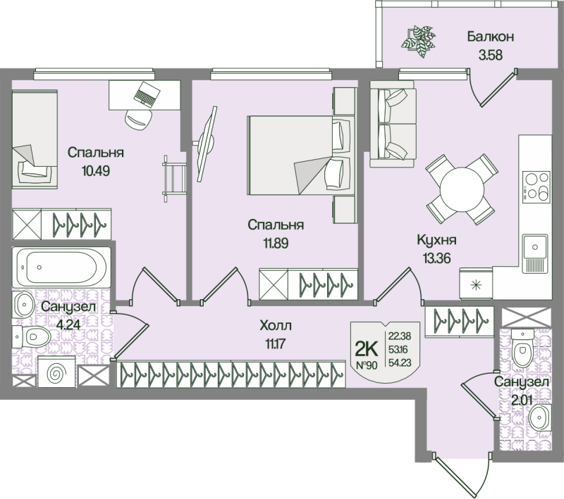2-комнатная квартира, 54.23 м² в ЖК "Охтинские высоты" - планировка, фото №1
