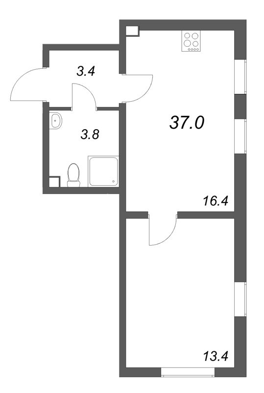 2-комнатная (Евро) квартира, 37 м² в ЖК "Октябрьская набережная" - планировка, фото №1