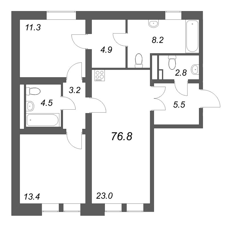 3-комнатная (Евро) квартира, 76.8 м² в ЖК "Коллекционер" - планировка, фото №1