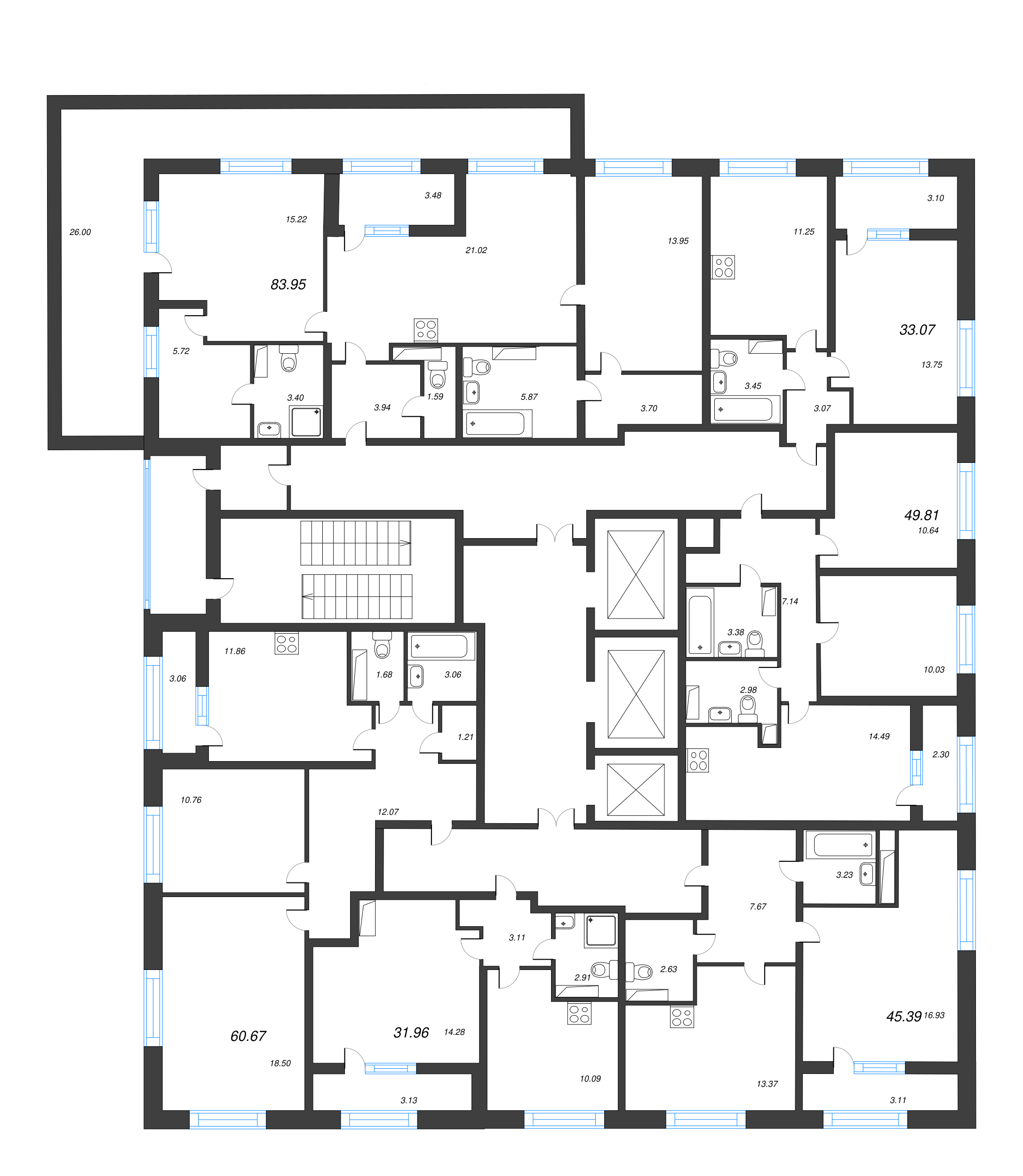 3-комнатная (Евро) квартира, 83.95 м² - планировка этажа
