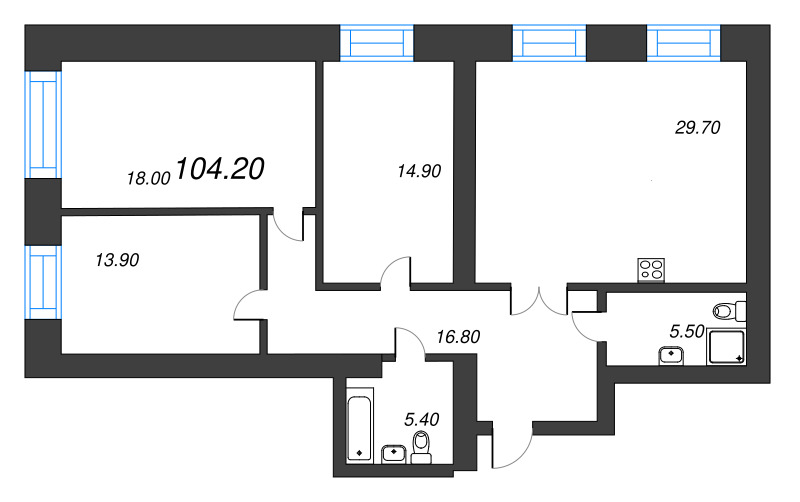 3-комнатная квартира, 104.2 м² в ЖК "Листва" - планировка, фото №1