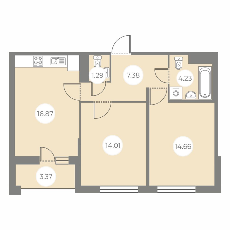 3-комнатная (Евро) квартира, 60.13 м² - планировка, фото №1
