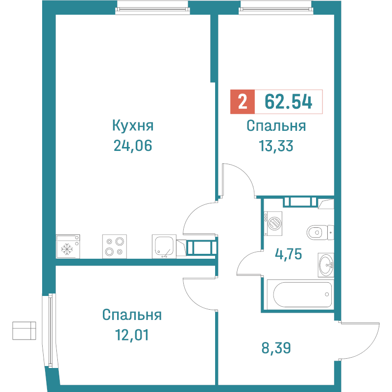 3-комнатная (Евро) квартира, 62.54 м² в ЖК "Графика" - планировка, фото №1