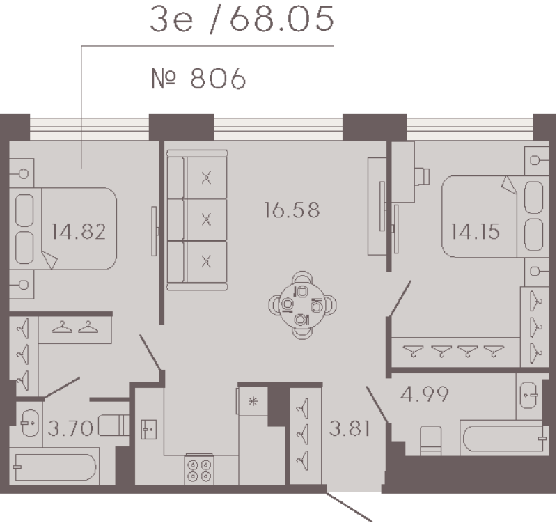 3-комнатная (Евро) квартира, 68.05 м² в ЖК "17/33 Петровский остров" - планировка, фото №1