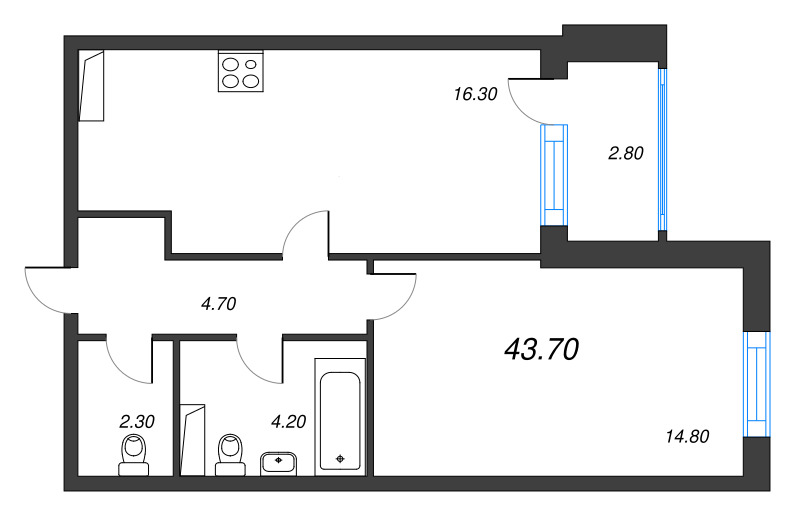2-комнатная (Евро) квартира, 43.5 м² в ЖК "Тайм Сквер" - планировка, фото №1