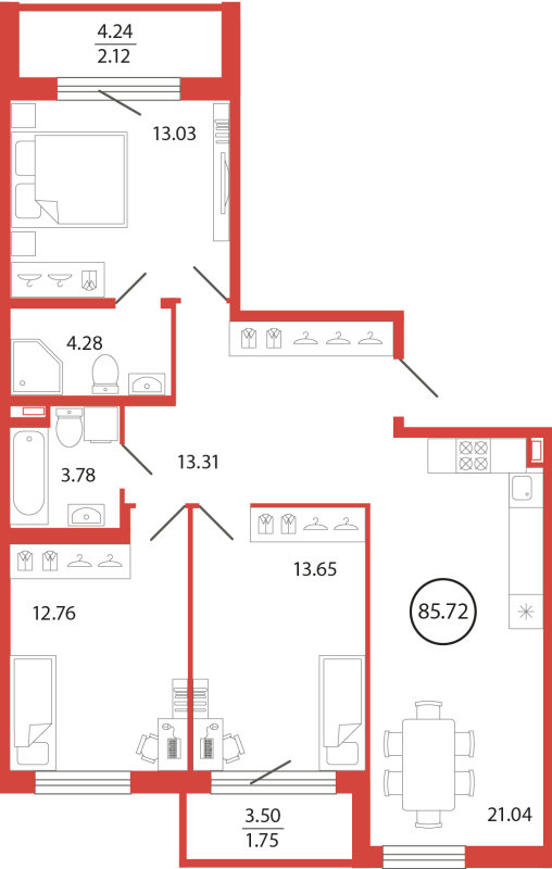 4-комнатная (Евро) квартира, 85.72 м² в ЖК "Энфилд" - планировка, фото №1