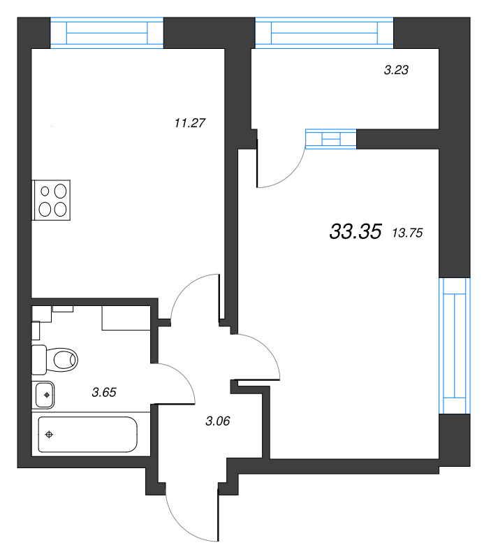 1-комнатная квартира, 33.35 м² - планировка, фото №1