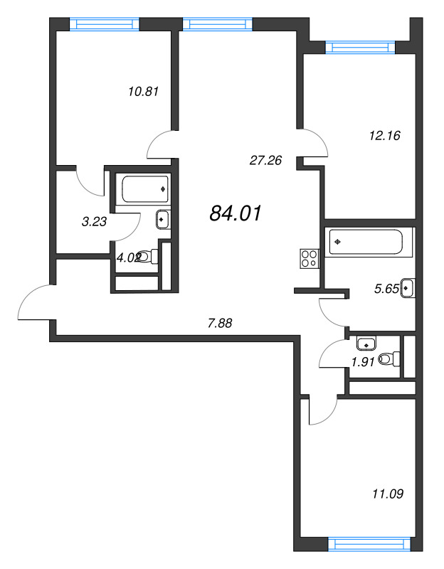 4-комнатная (Евро) квартира, 84.01 м² - планировка, фото №1