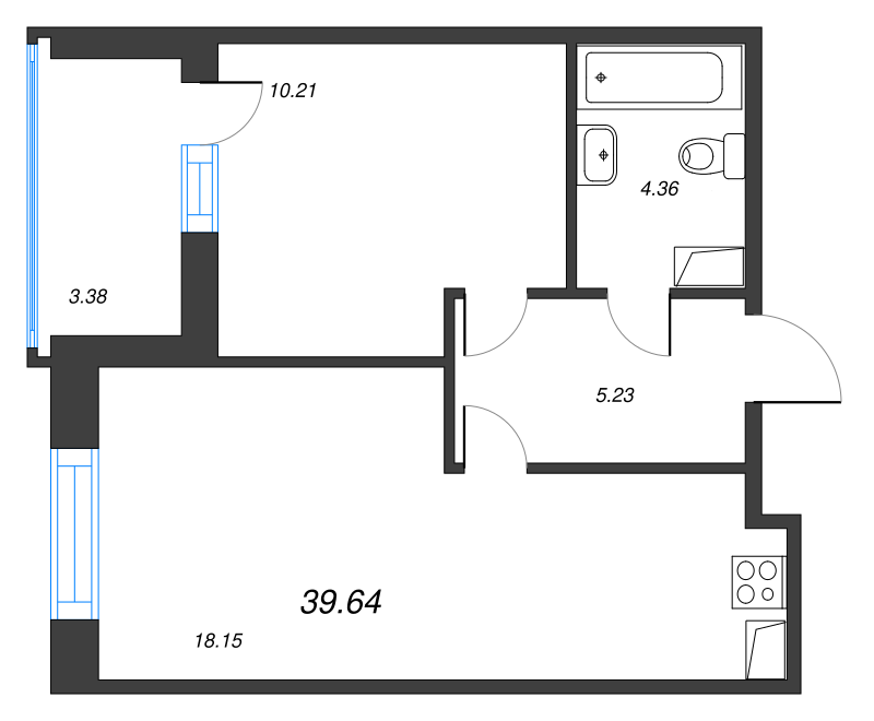 2-комнатная (Евро) квартира, 39.64 м² в ЖК "Энфилд" - планировка, фото №1
