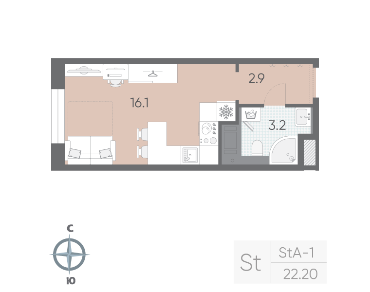 Квартира-студия, 22.2 м² в ЖК "Большая Охта" - планировка, фото №1