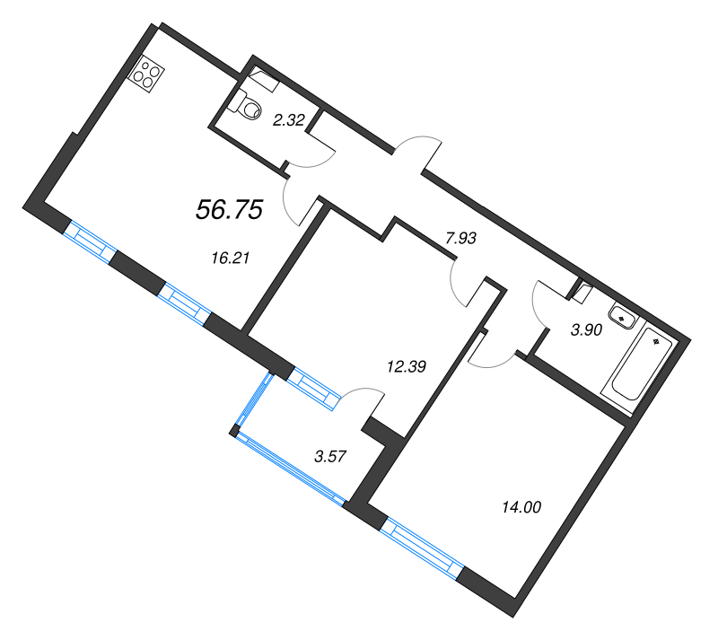 3-комнатная (Евро) квартира, 56.75 м² в ЖК "Любоград" - планировка, фото №1