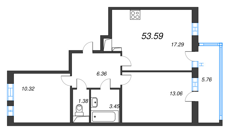 3-комнатная (Евро) квартира, 53.59 м² в ЖК "AEROCITY" - планировка, фото №1