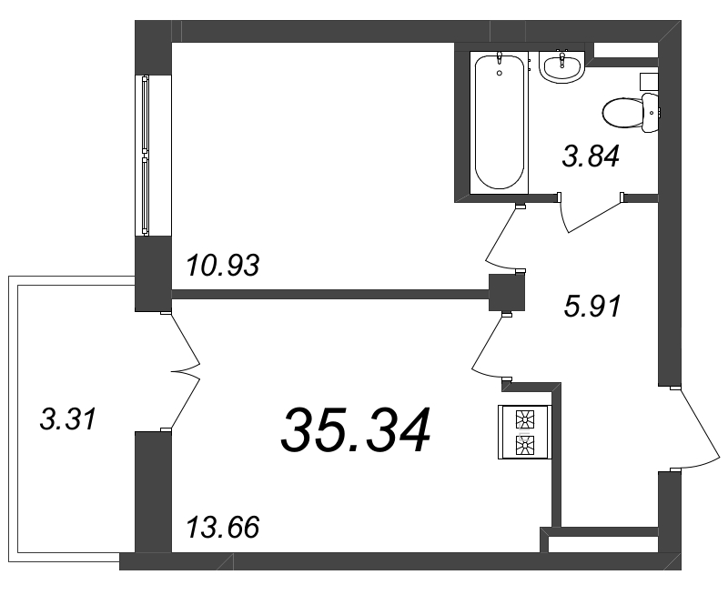 1-комнатная квартира, 35.34 м² - планировка, фото №1