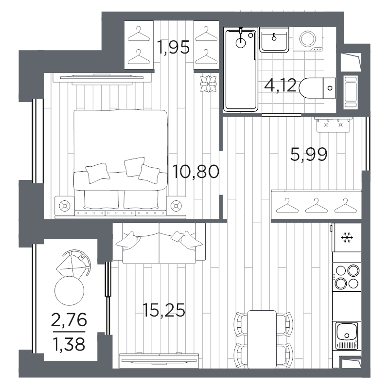 2-комнатная (Евро) квартира, 39.49 м² в ЖК "Оптимист" - планировка, фото №1