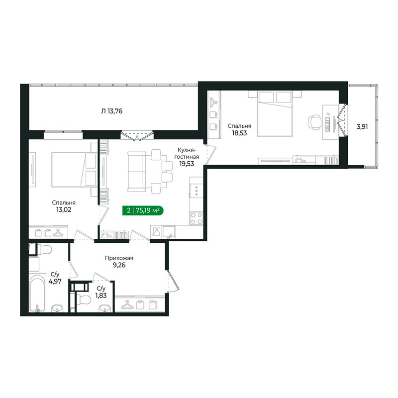 3-комнатная (Евро) квартира, 66.7 м² в ЖК "Сертолово Парк" - планировка, фото №1