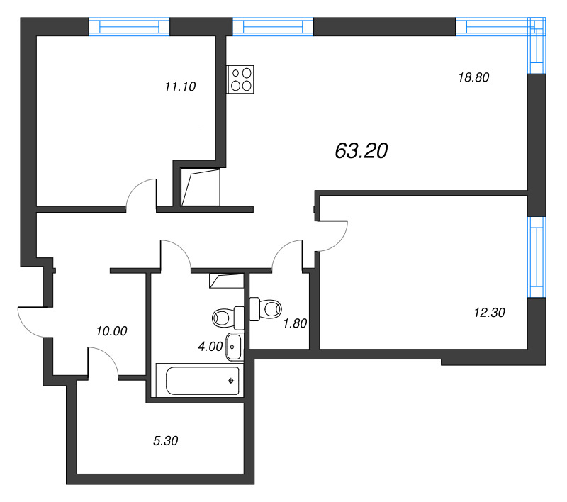 3-комнатная (Евро) квартира, 63.2 м² - планировка, фото №1