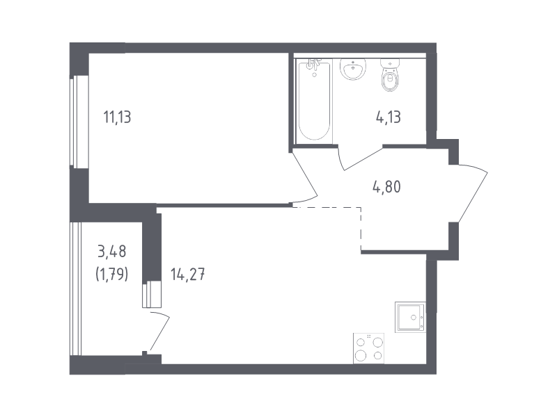 1-комнатная квартира, 36.12 м² - планировка, фото №1