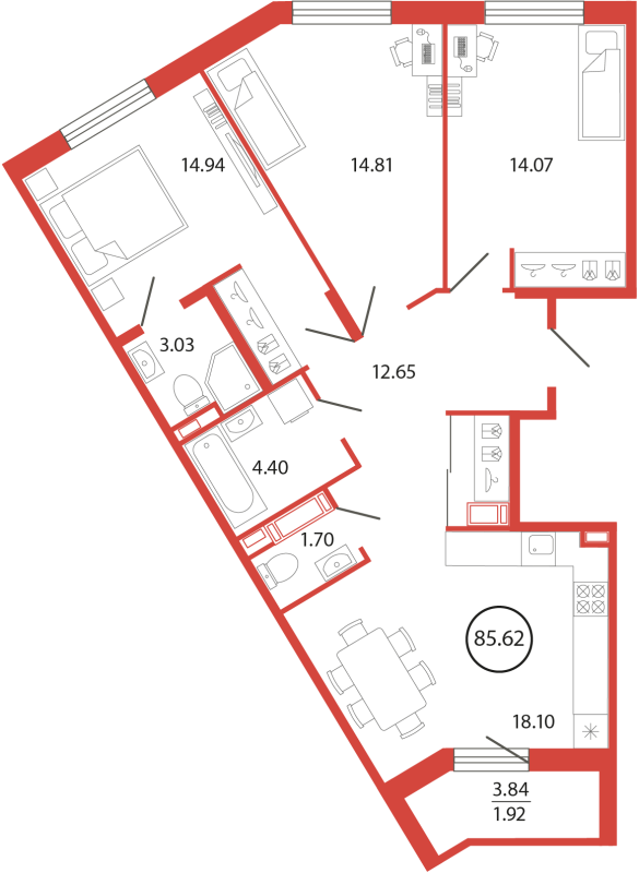 4-комнатная (Евро) квартира, 85.74 м² в ЖК "Энфилд" - планировка, фото №1